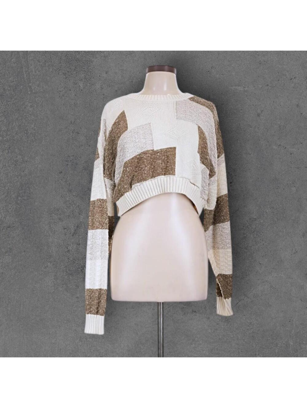 Vintage 100% Cotton Made in USA Brown and Cream Minimalist Academia Crop Sweater